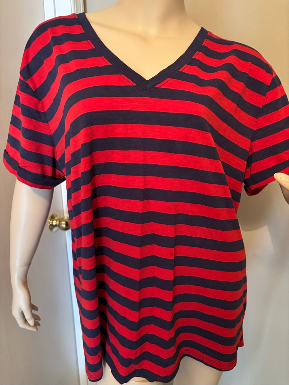 Love & Legend Red and Navy Striped V-Neck Short Sleeve Tee